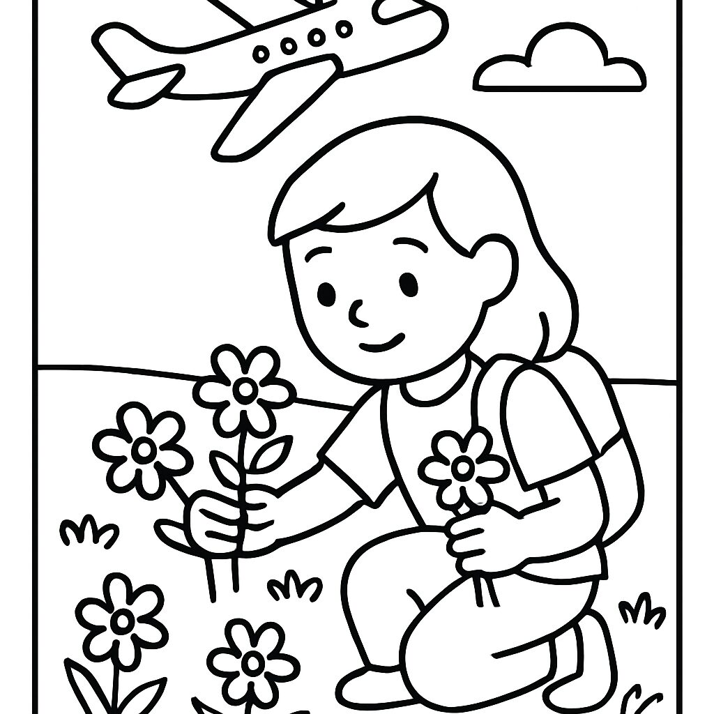 Bambino che raccoglie fiori sotto un aereo