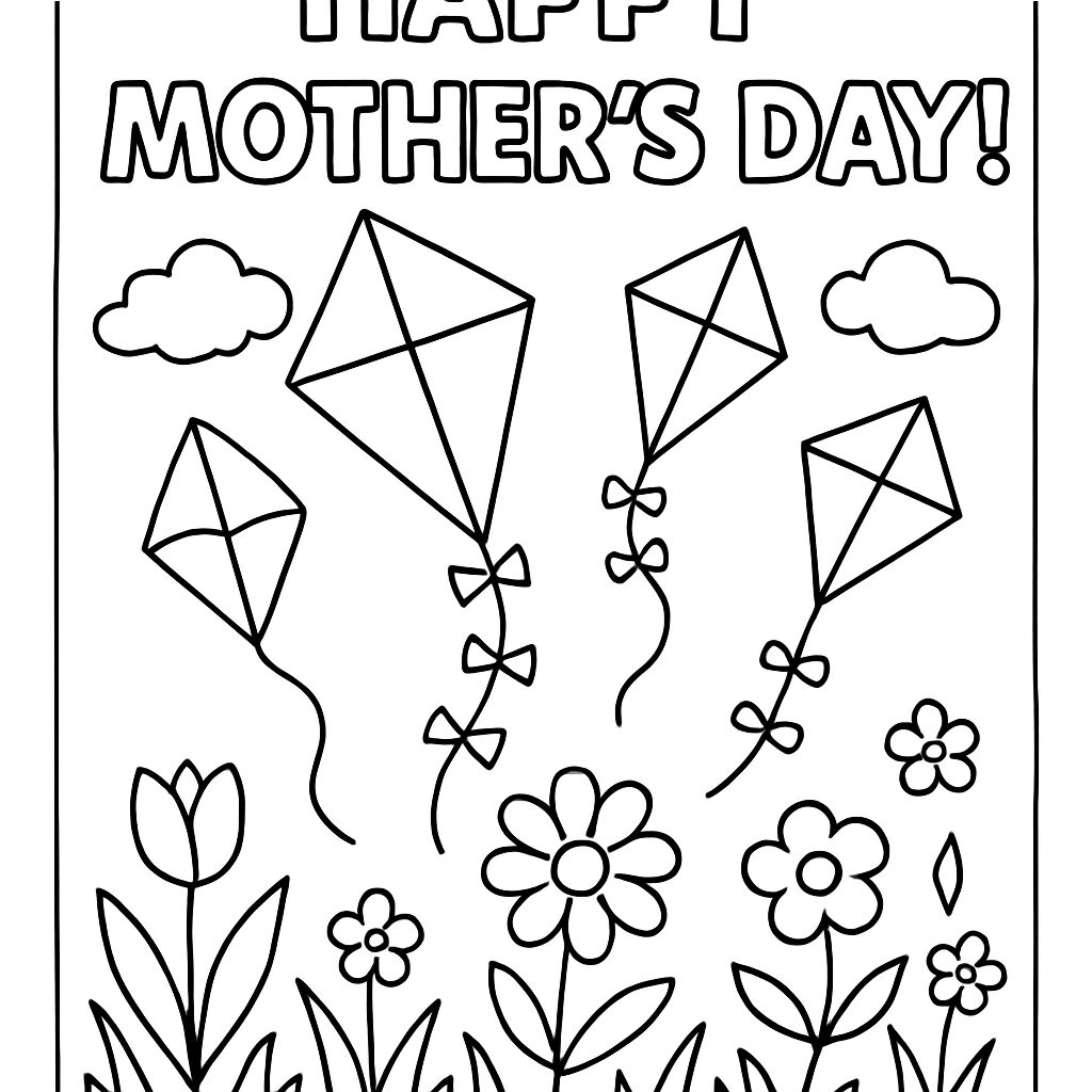 Disegno da colorare per la Festa della Mamma con aquiloni e fiori