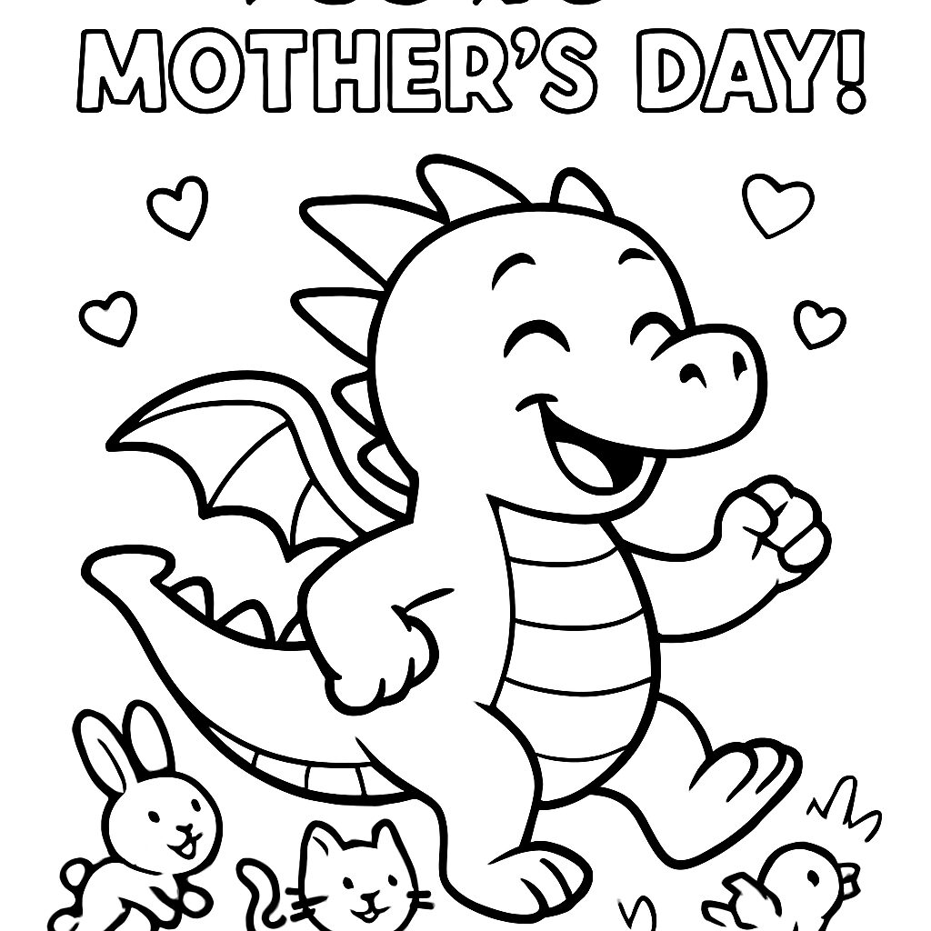 Disegno da colorare di un drago felice per la Festa della Mamma