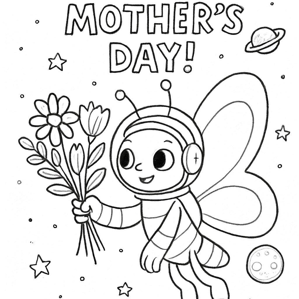 Disegno da colorare di un’ape astronauta per la Festa della Mamma