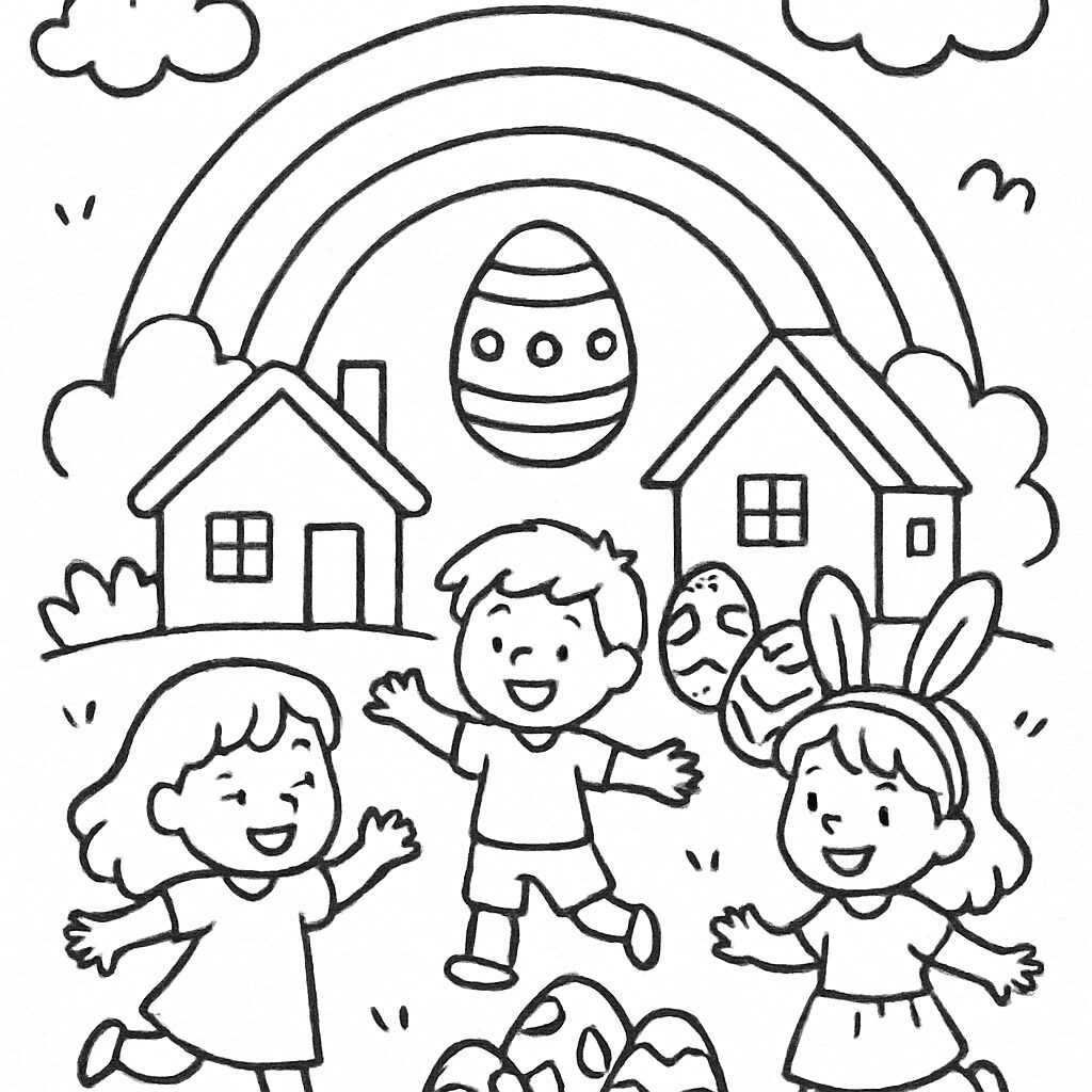 Divertente disegno da colorare di bambini con uova di Pasqua