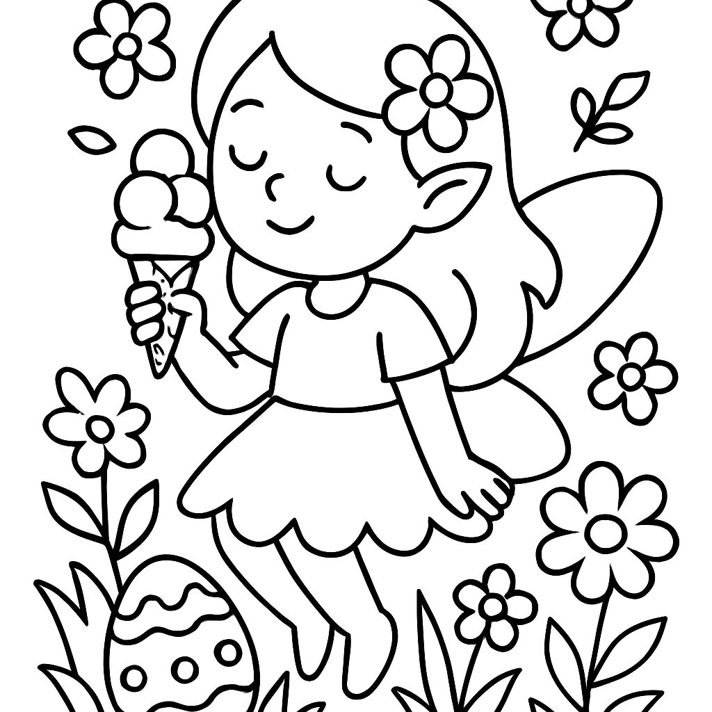 Fata felice con gelato e fiori da colorare