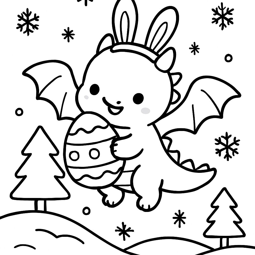 Disegno da colorare di un drago pasquale con uovo