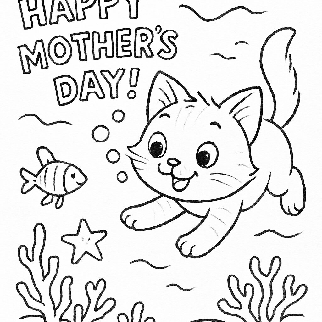 Disegno da colorare di un gatto felice per la Festa della Mamma