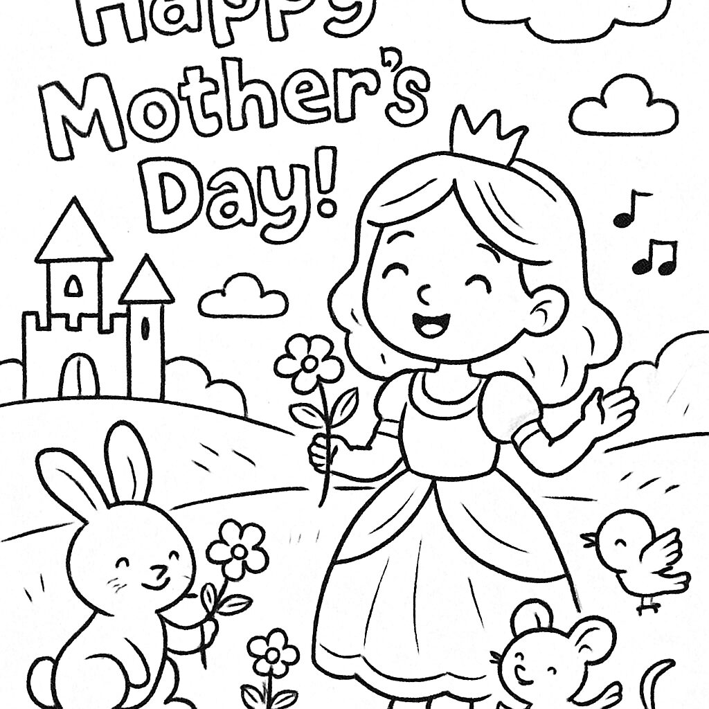 Disegno da colorare per la Festa della Mamma con principessa e animali