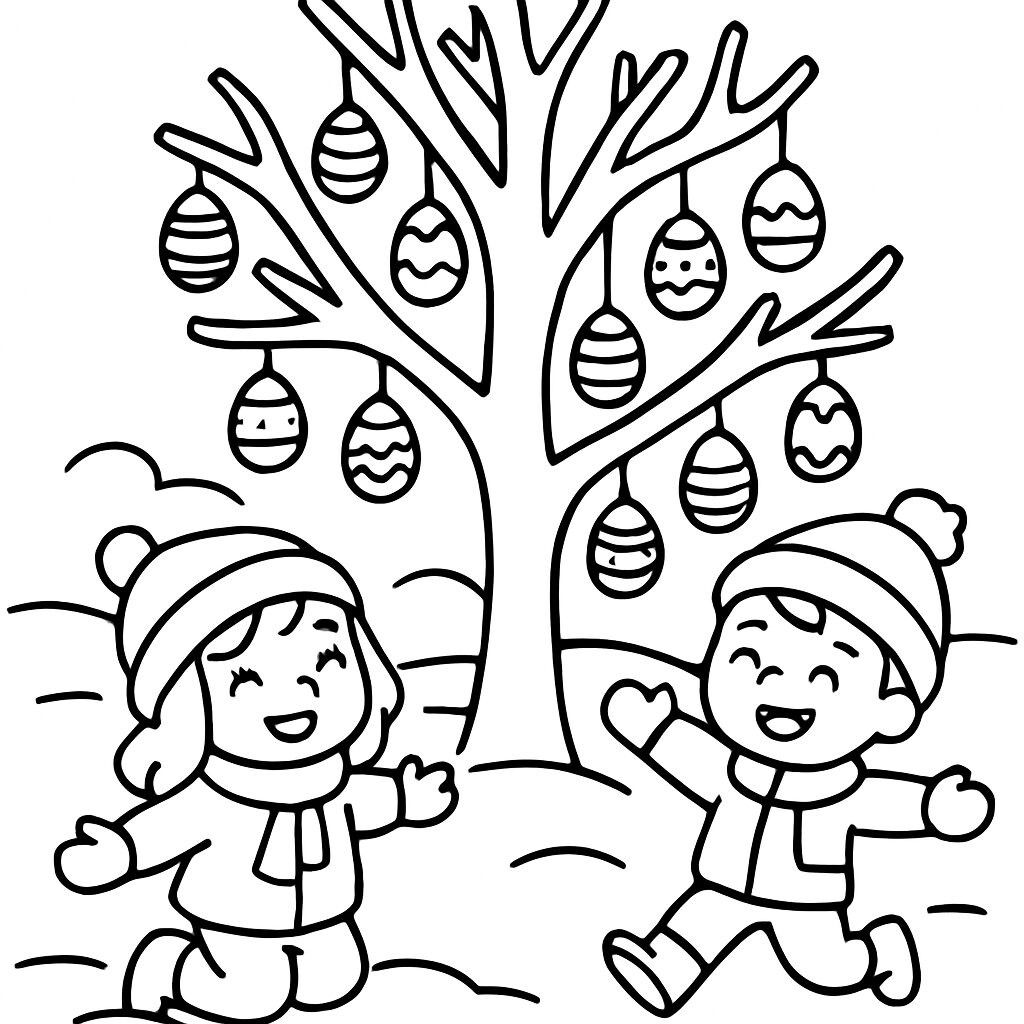 Bambini felici che giocano sotto un albero di Pasqua da colorare