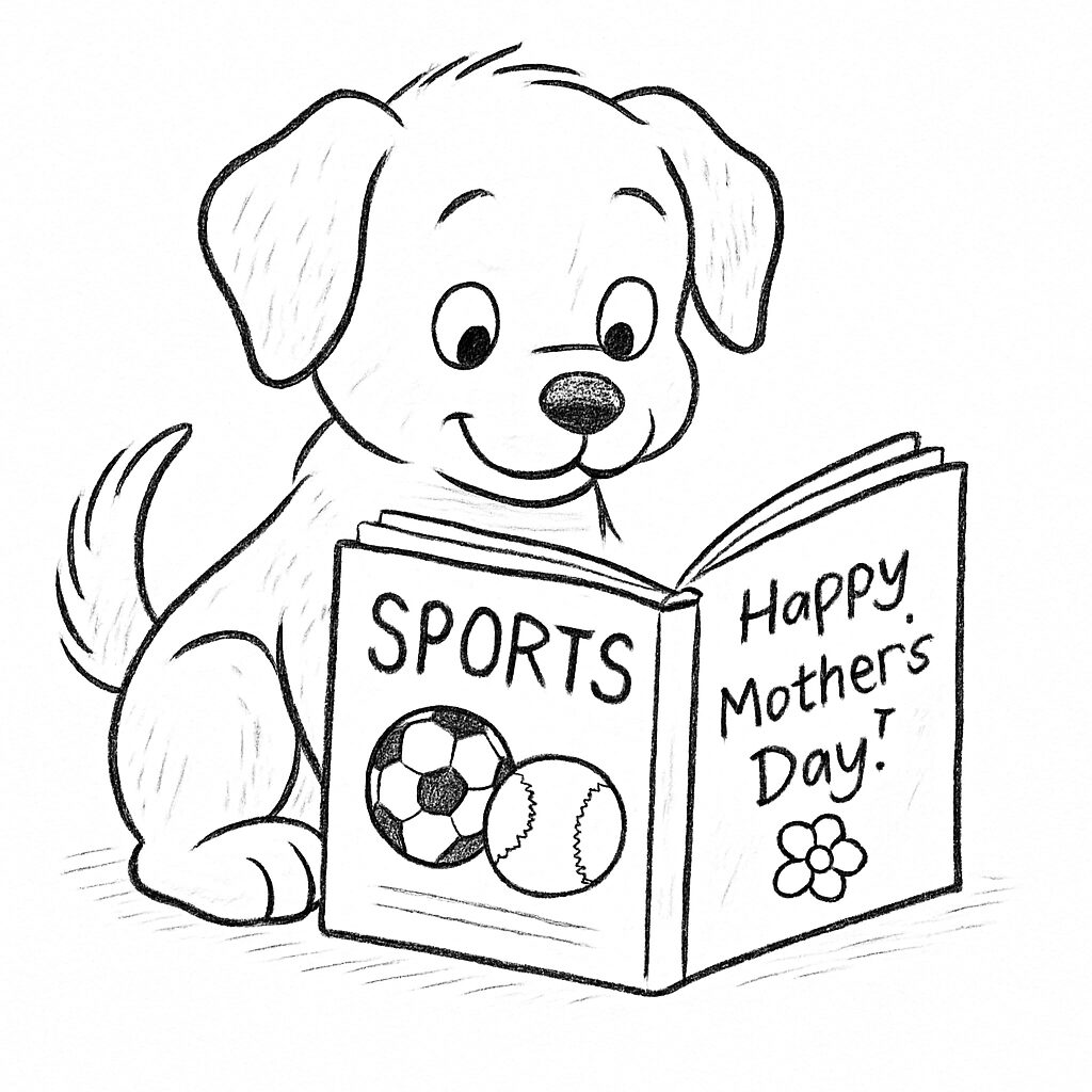 Cagnolino felice che legge un libro sui sport per la festa della mamma