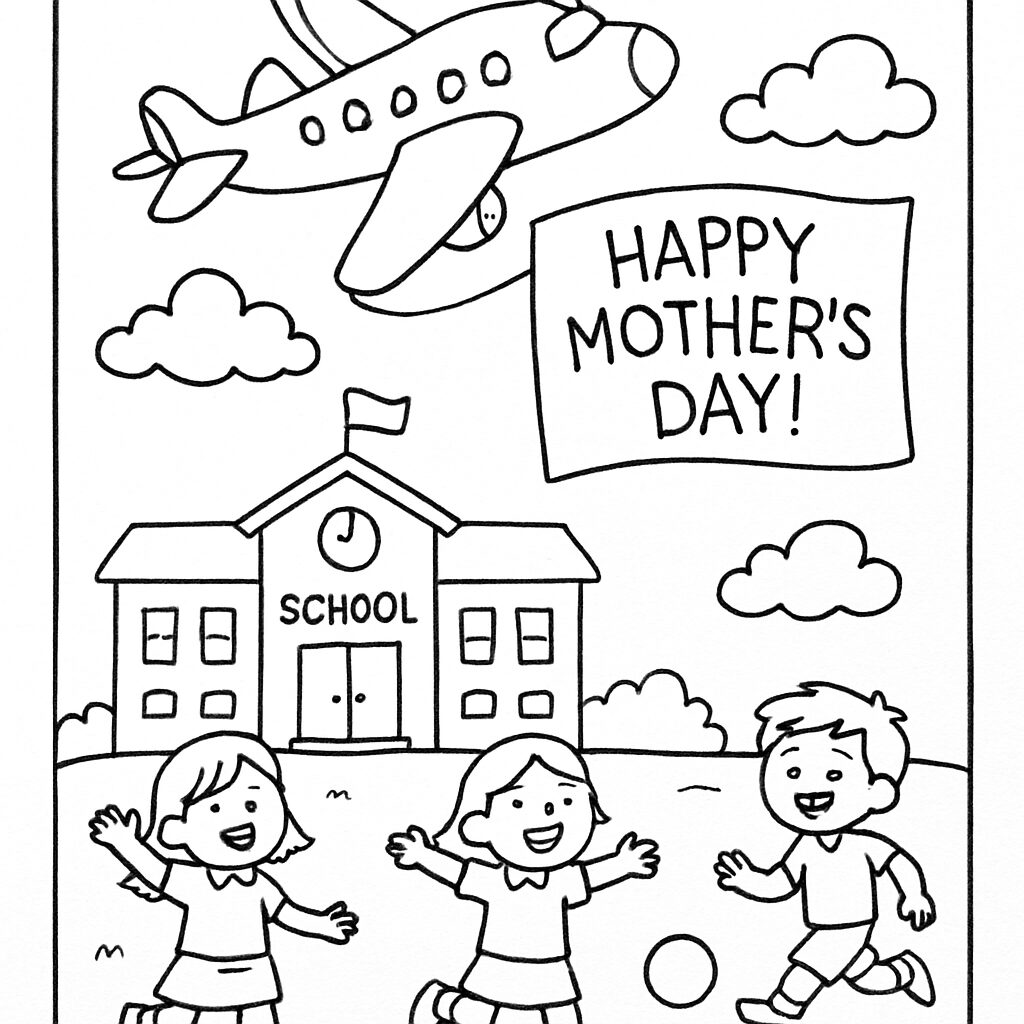Disegno da colorare per la Festa della Mamma con scuola e bambini