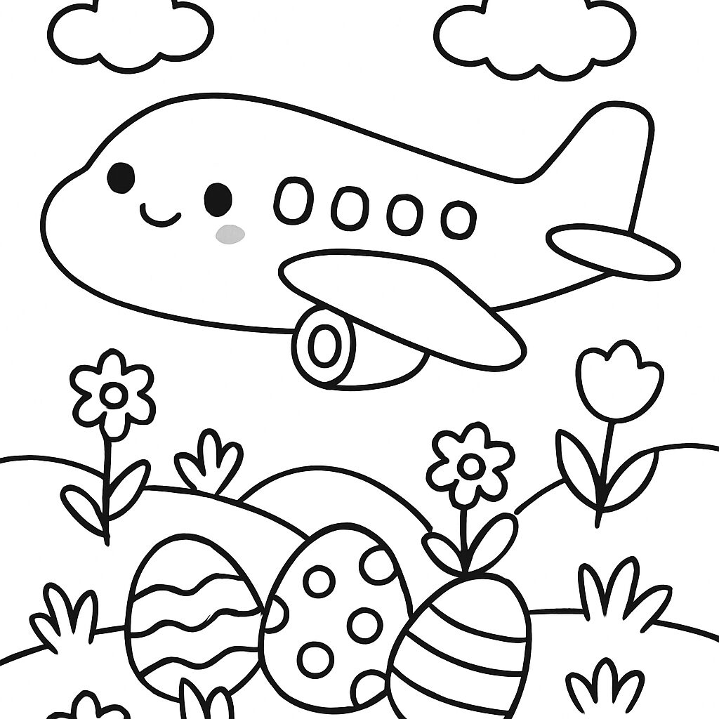 Aereo sorridente sopra un prato di fiori e uova da colorare