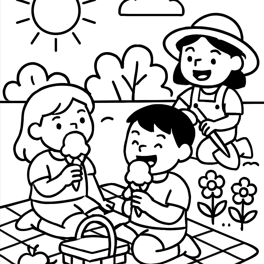 Picnic Estivo con Gelato e Giardinaggio da Colorare