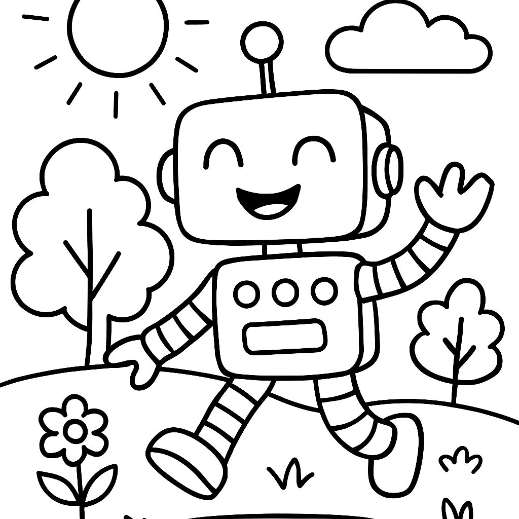 Robot sorridente in un paesaggio primaverile da colorare