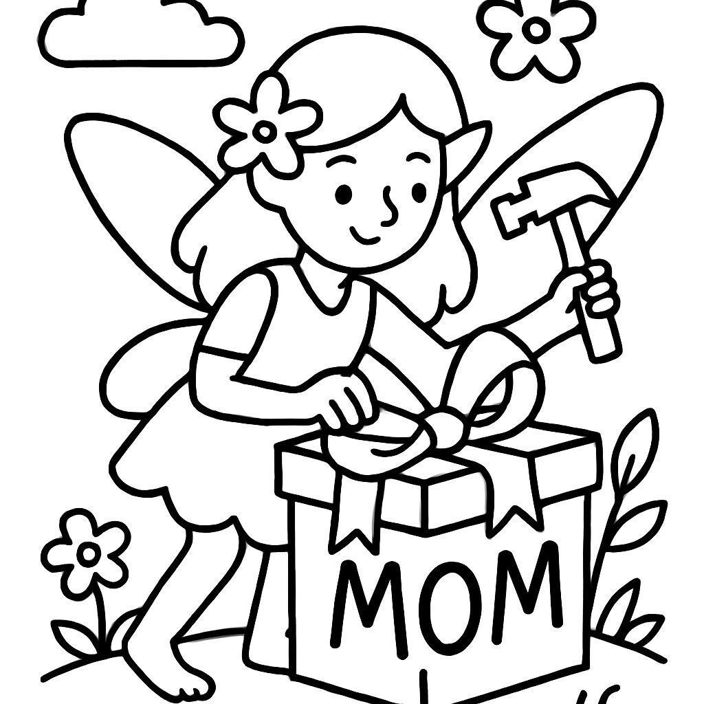 Fata che prepara un regalo per la mamma da colorare