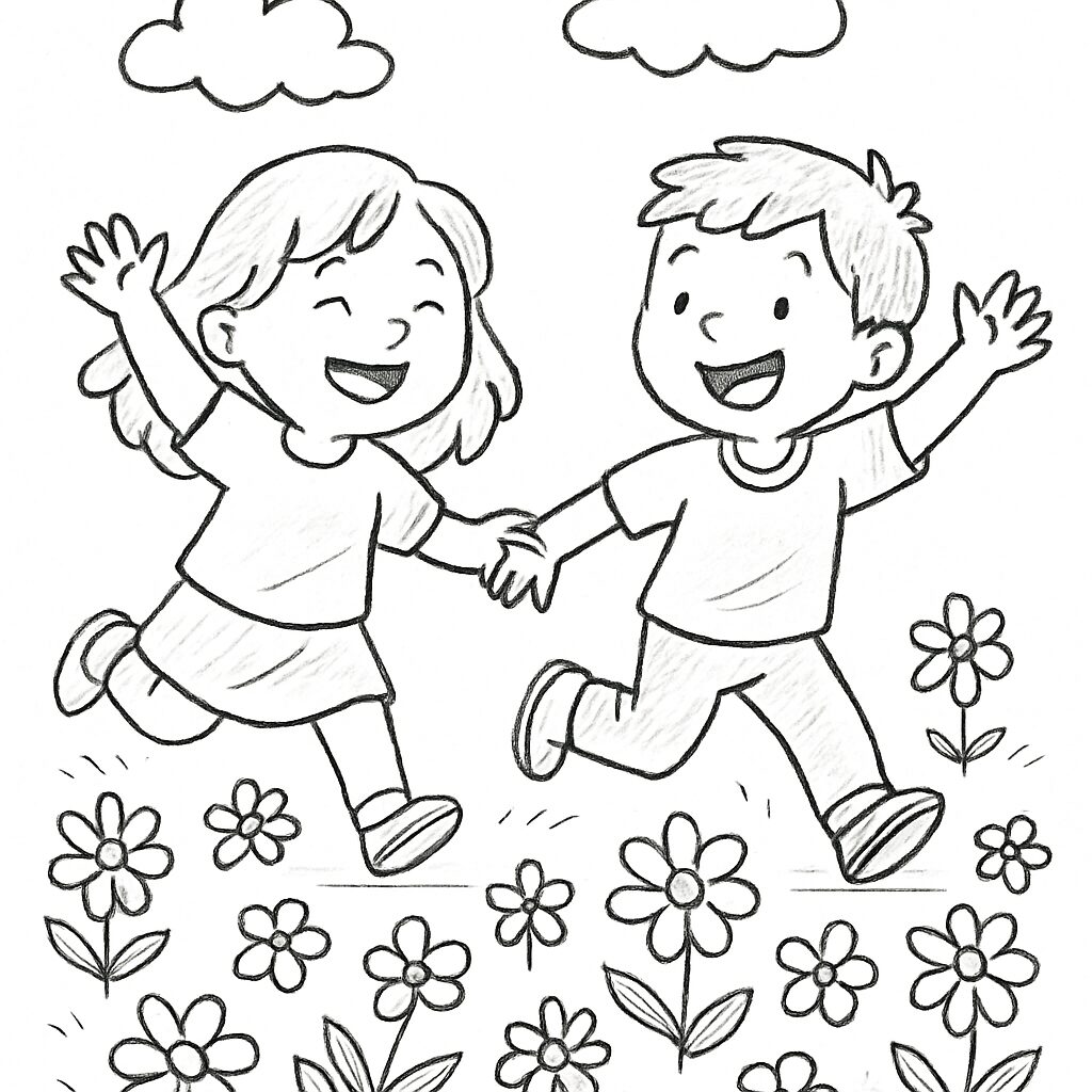 Bambini felici che corrono tra i fiori da colorare