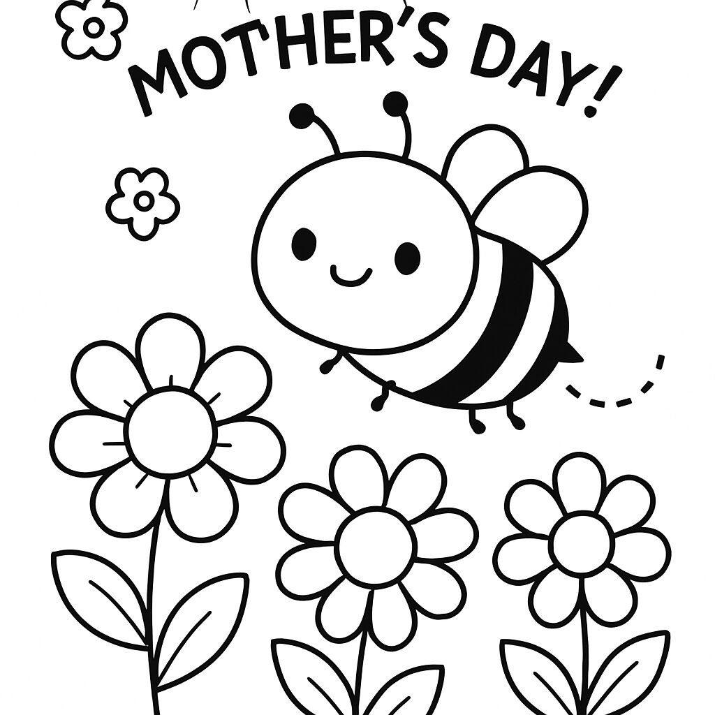 Disegno da colorare per la Festa della Mamma con api e fiori