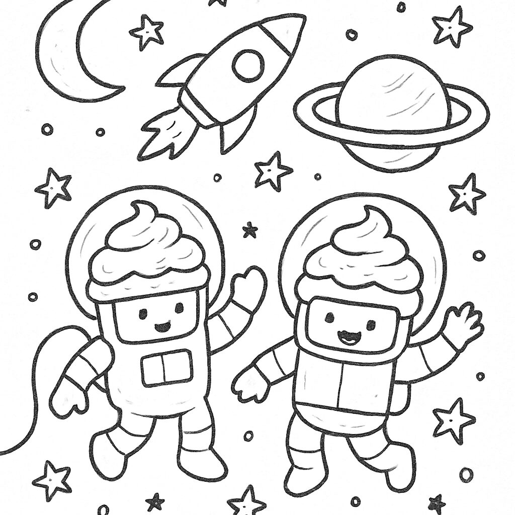 Due astronauti giocosi tra stelle e pianeti da colorare