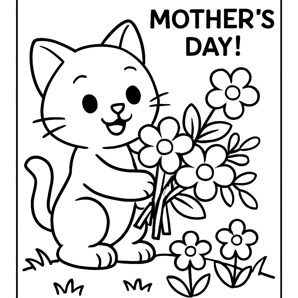 Gatto felice con fiori per la Festa della Mamma da colorare