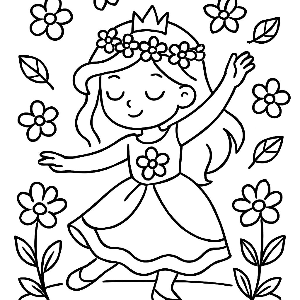 Bambina danzante tra fiori: disegno da colorare
