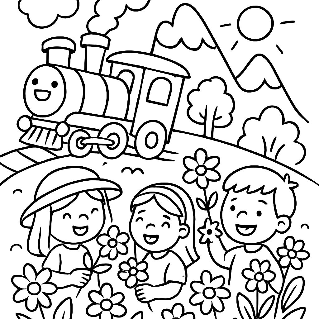 Gioia in natura: bambini e treno da colorare