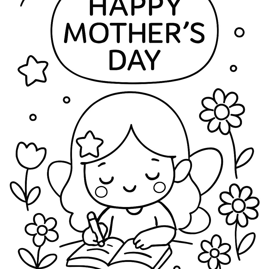Disegno da colorare per la Festa della Mamma con bambina e fiori