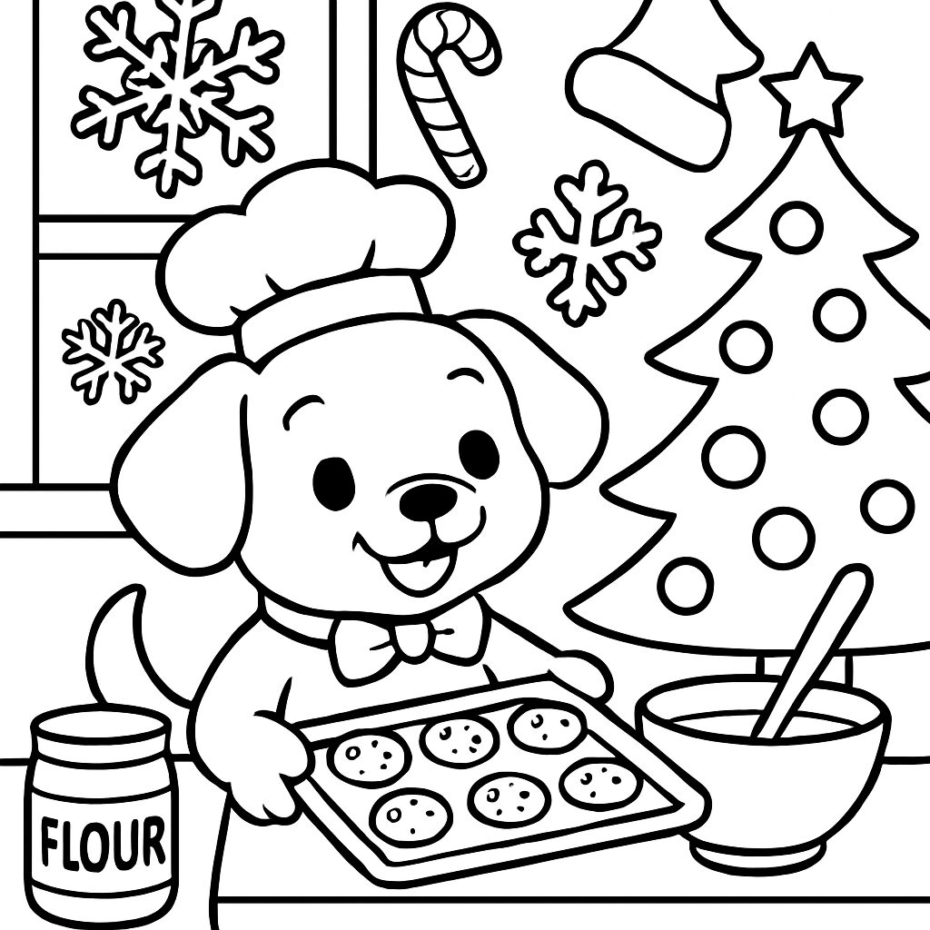 Cane cuoco prepara biscotti natalizi da colorare