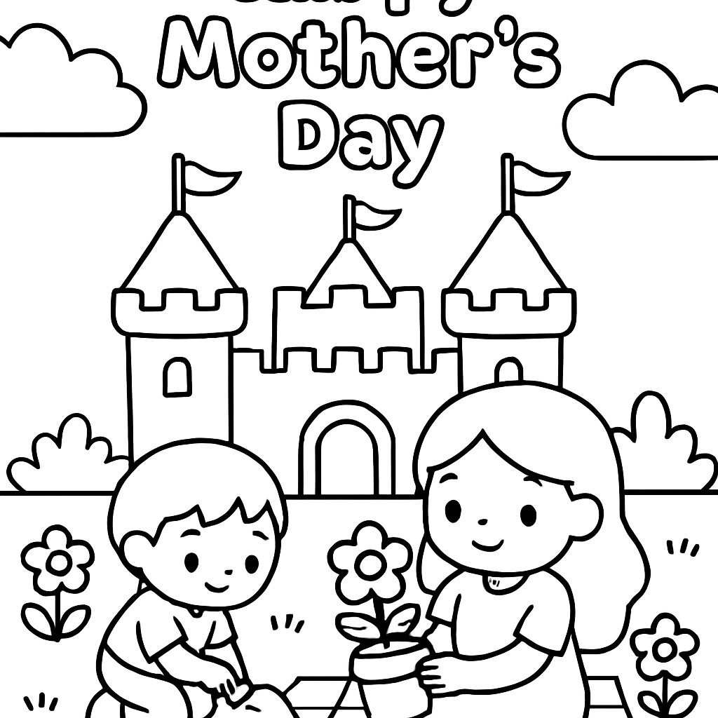 Disegno da colorare per la Festa della Mamma con castello e fiori