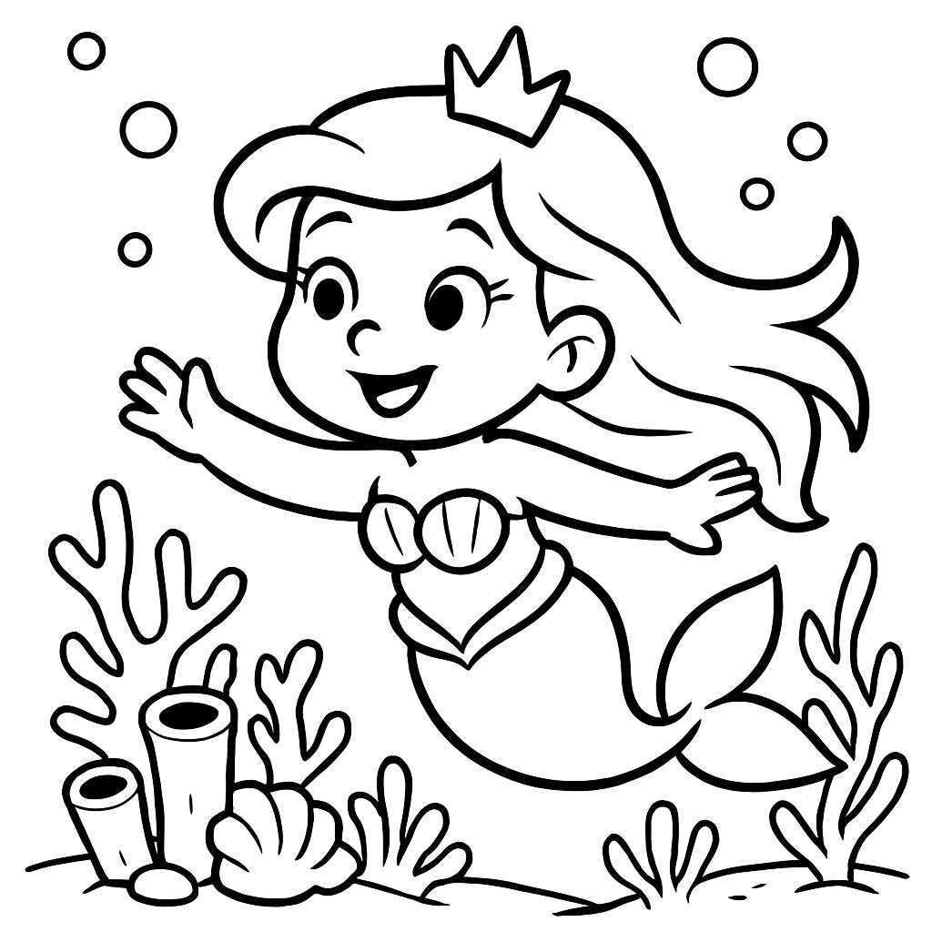 Sirena felice tra coralli e bolle da colorare