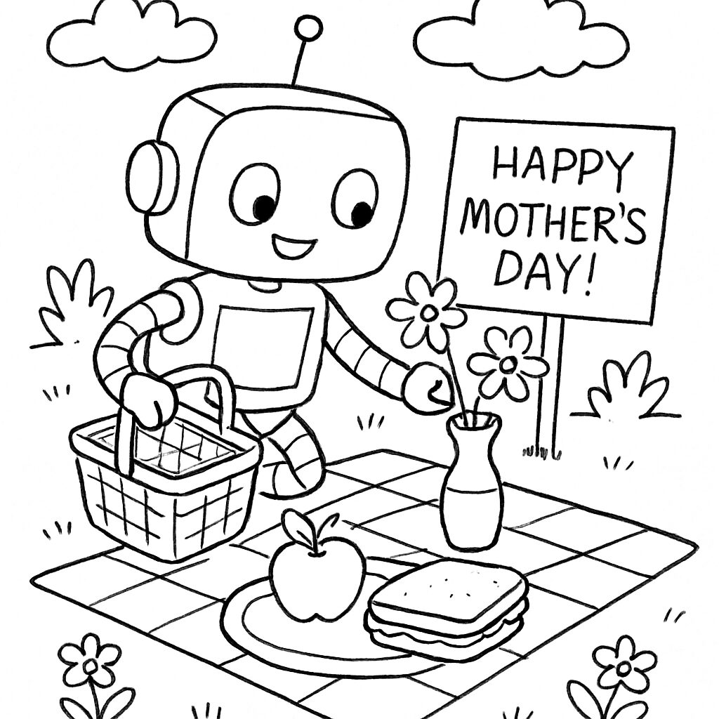 Robot festeggia la Festa della Mamma con un picnic da colorare