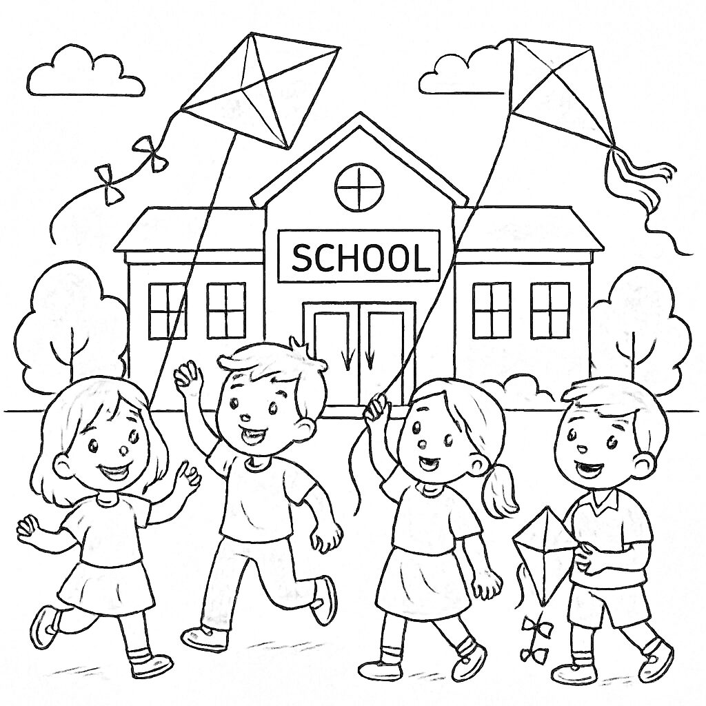 Bambini che volano aquiloni davanti alla scuola