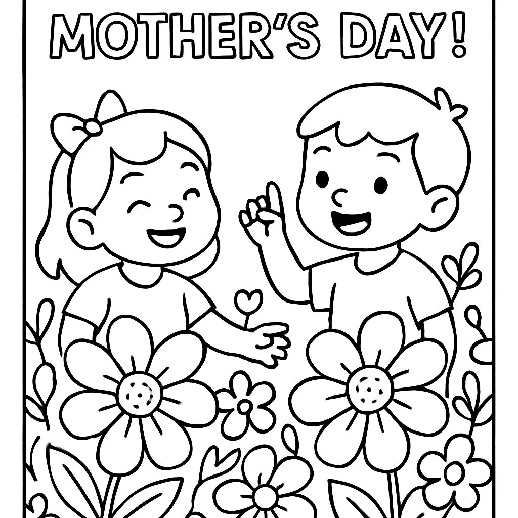 Disegno da colorare per la Festa della Mamma con bambini e fiori