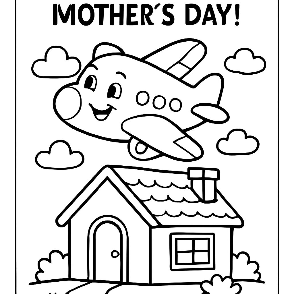 Aereo sorridente sopra una casa per la Festa della Mamma da colorare