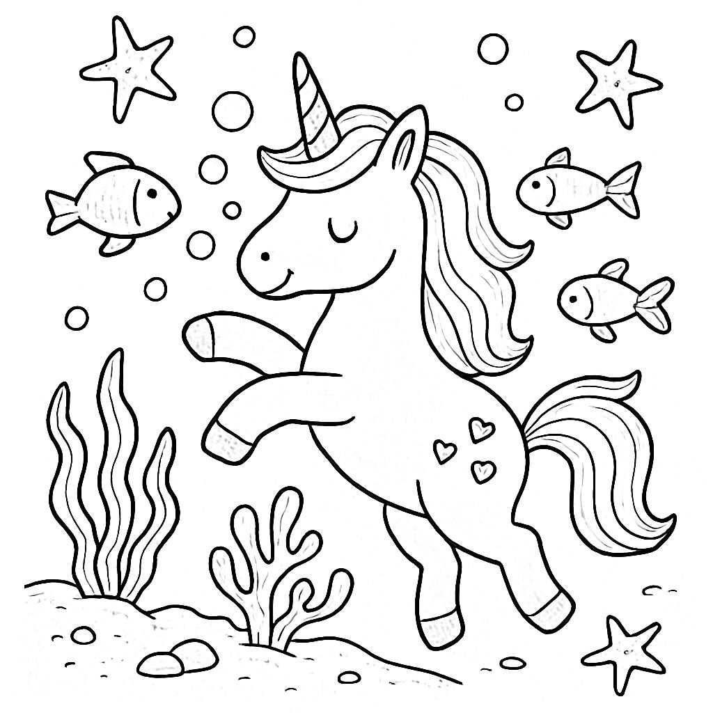 Unicorno giocoso nell’oceano da colorare