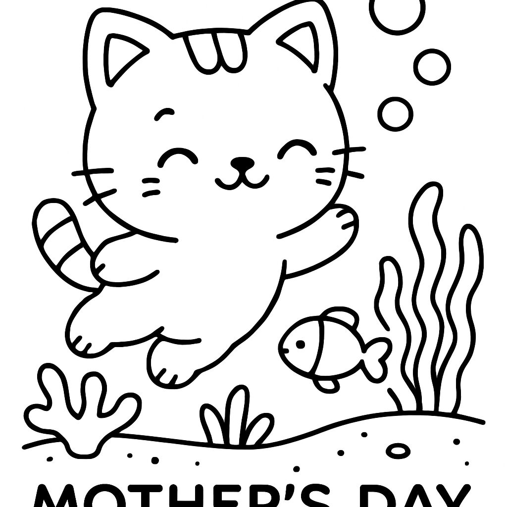 Gatto felice che nuota con un pesciolino – Disegno da colorare per la Festa della Mamma