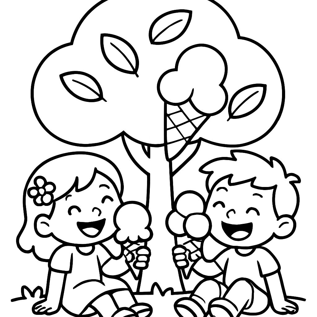 Bambini felici con gelati sotto un albero da colorare
