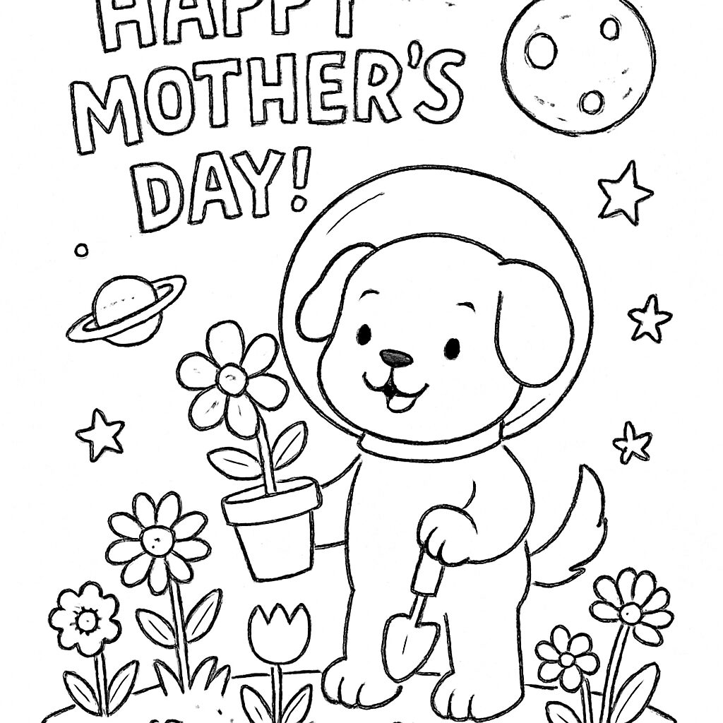 Cagnolino astronauta festeggia la Festa della Mamma con fiori da colorare