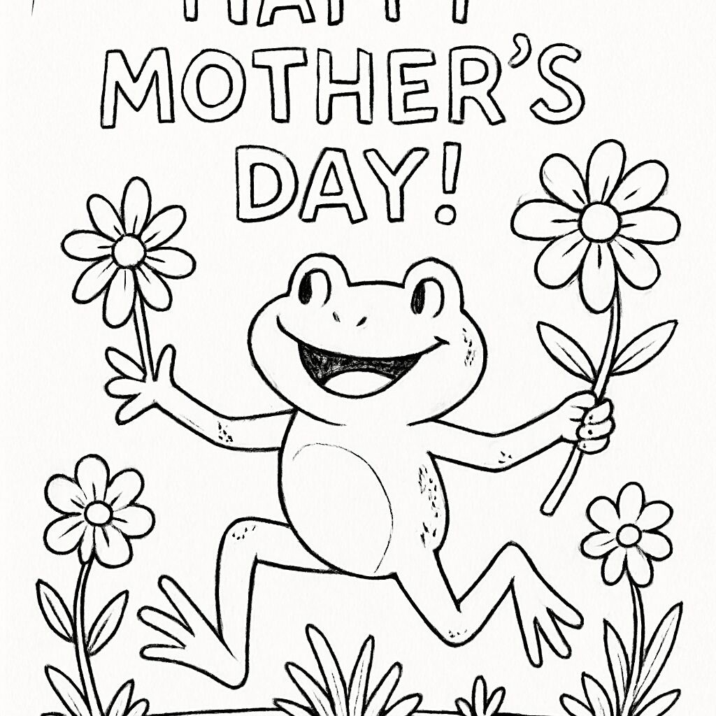 Frog Celebrating Mother’s Day with Flowers to Color