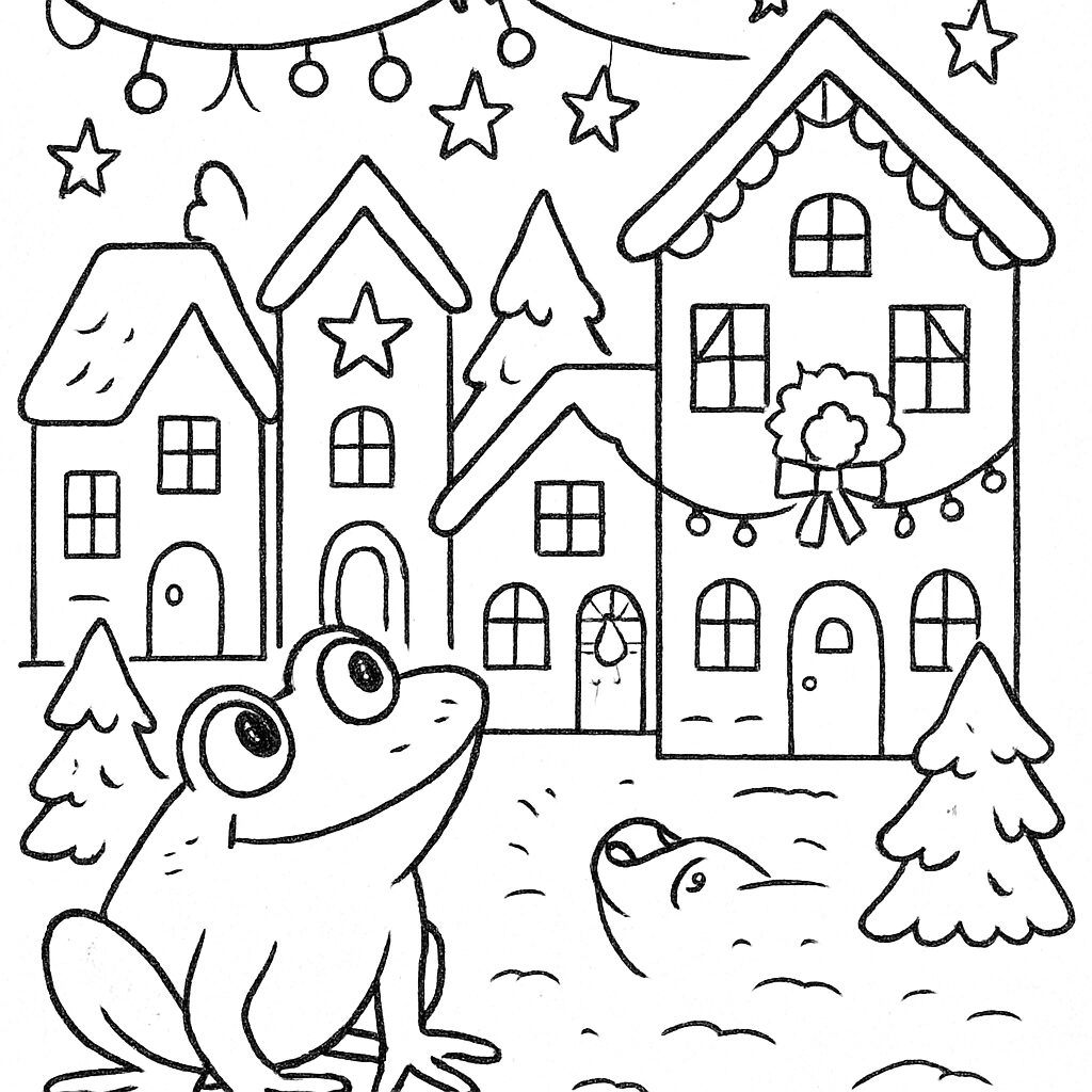 Frog in a Winter Village Scene to Color