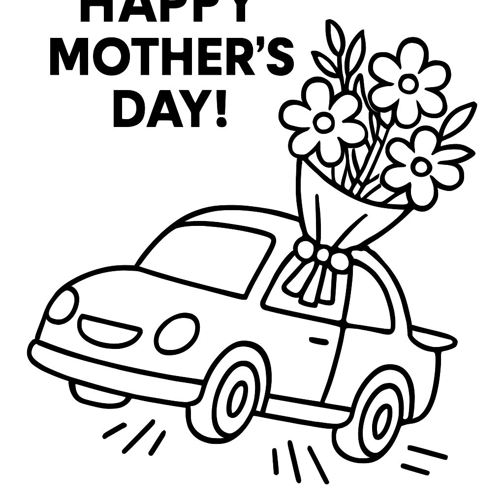 Auto con fiori per la Festa della Mamma da colorare