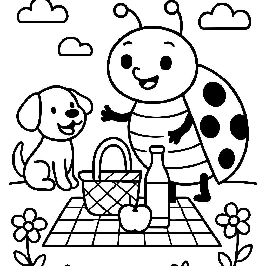 Picnic Felice con Ape e Cucciolo da Colorare