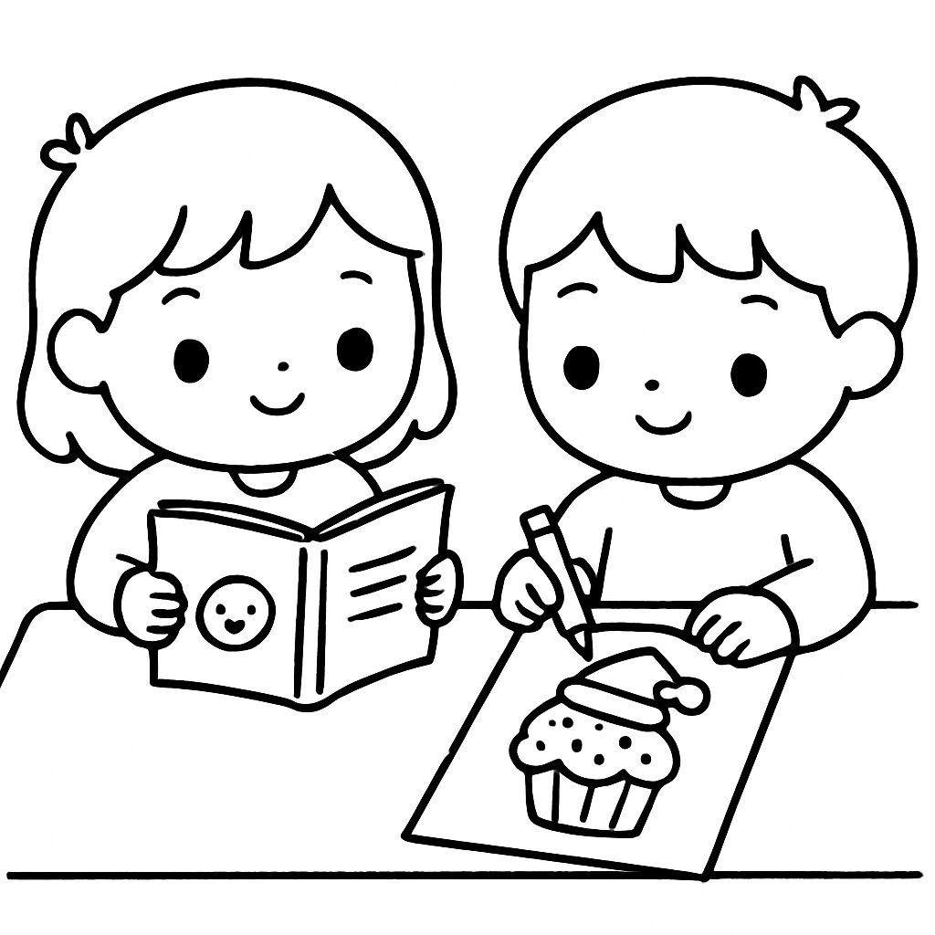 Bambini che colorano un cupcake festivo e leggono un libro