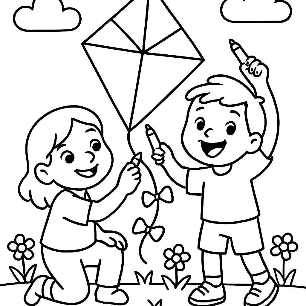 Divertente disegno da colorare di bambini che volano un aquilone