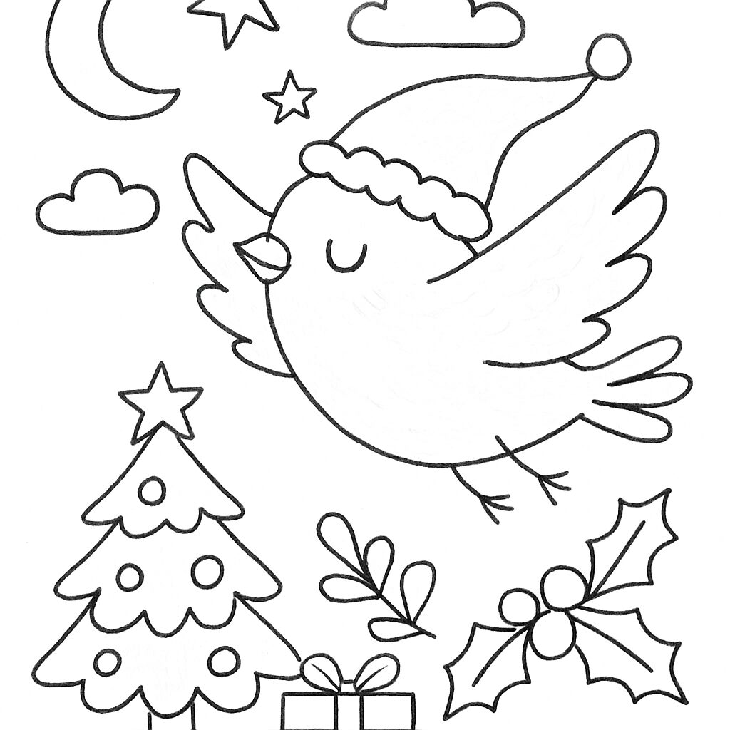 Uccellino festoso con albero di Natale e regali da colorare