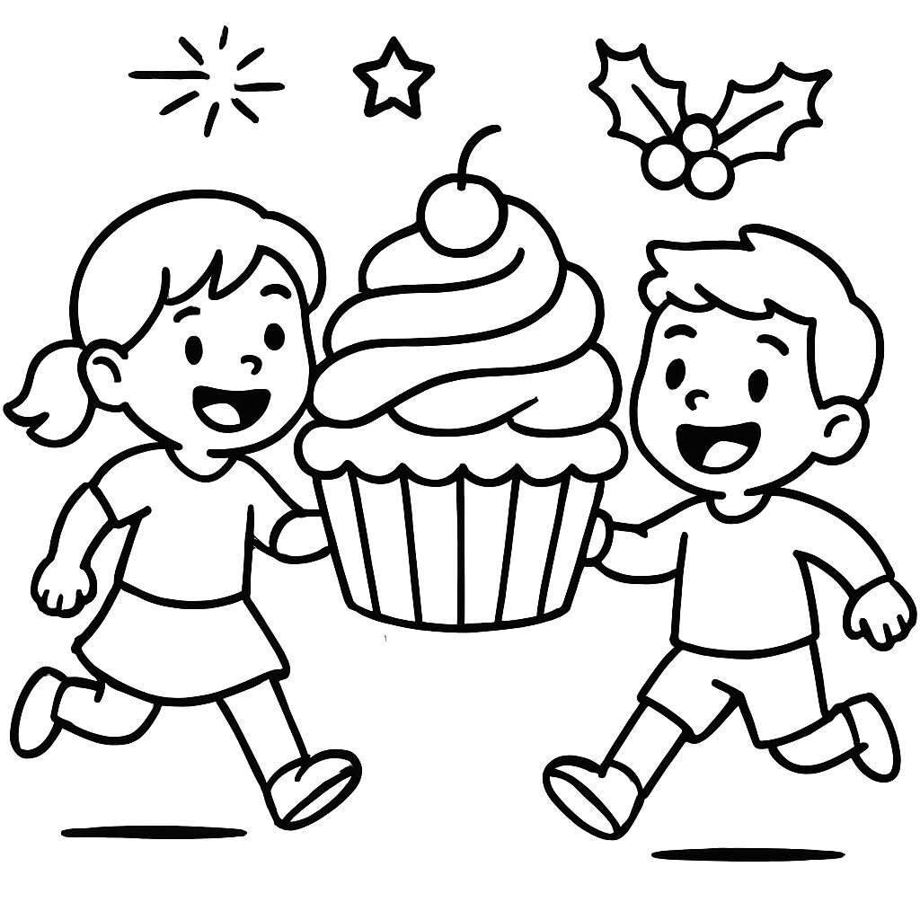 Bambini felici con un grande cupcake da colorare