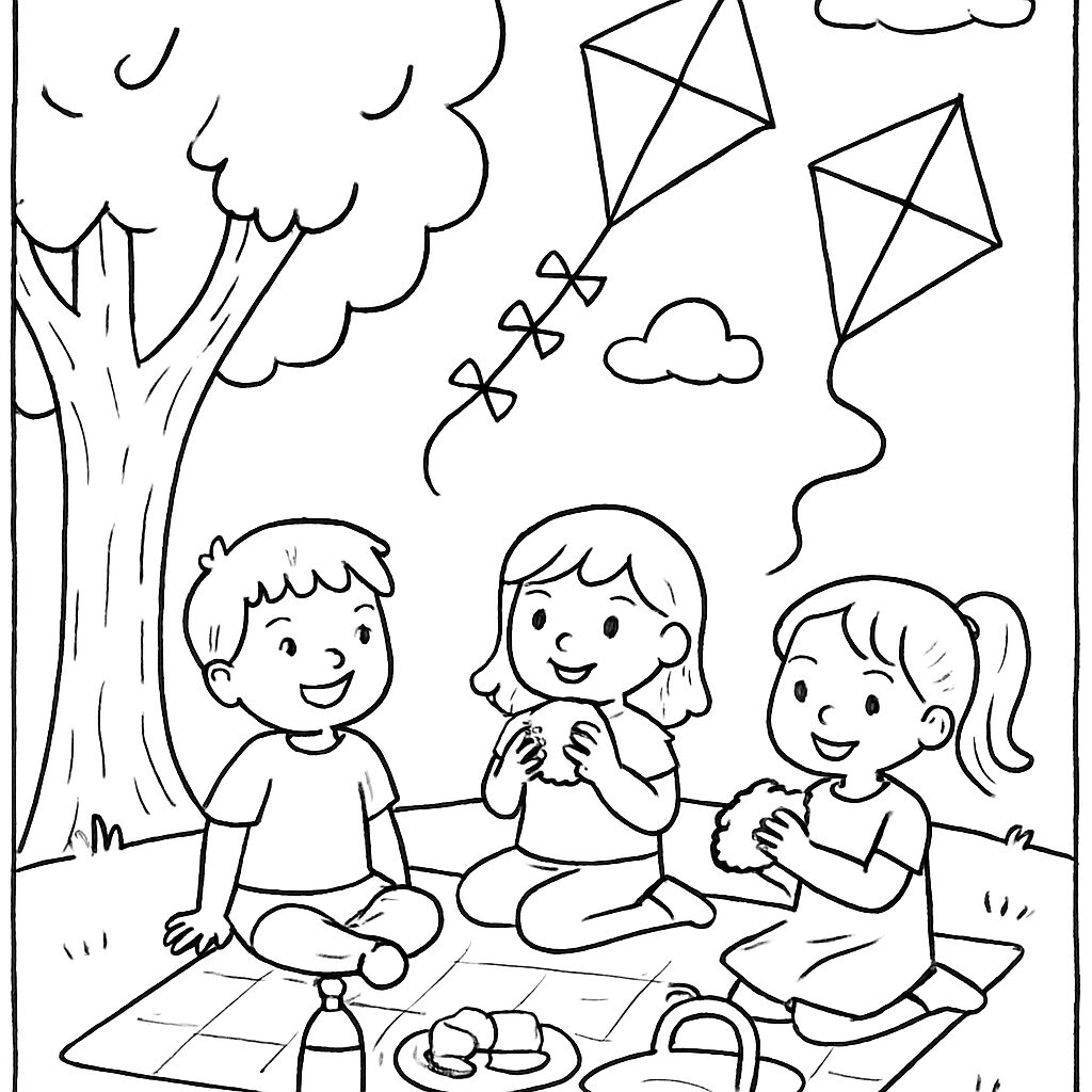 Picnic felice con bambini e aquiloni da colorare