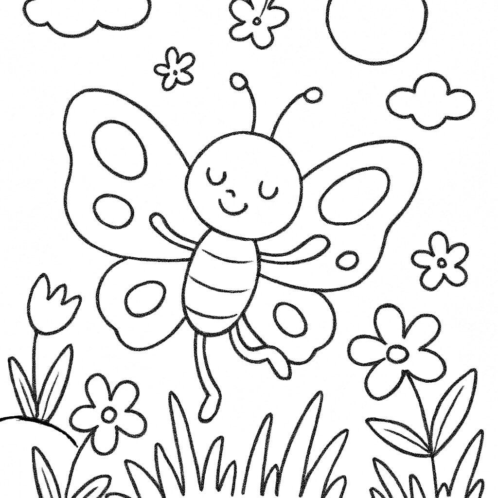 Disegno da colorare di una farfalla felice nel giardino