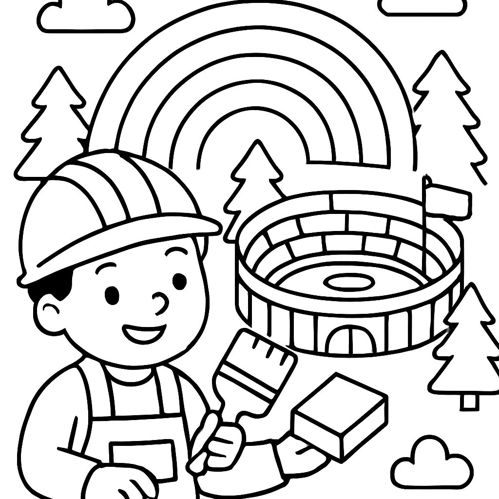 Disegno da colorare di un giovane costruttore con arcobaleno
