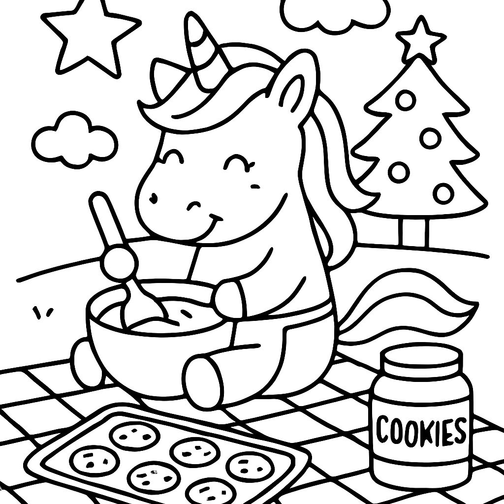 Unicorno che prepara biscotti da colorare