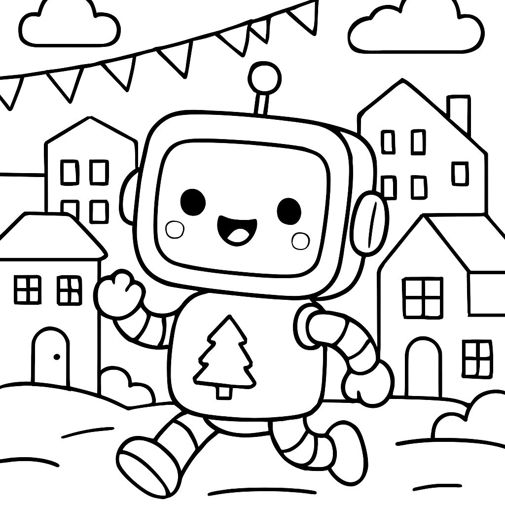 Robot sorridente che corre tra le case da colorare