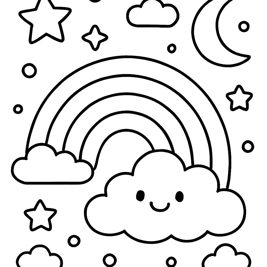 Disegno da colorare di arcobaleno e nuvole sorridenti