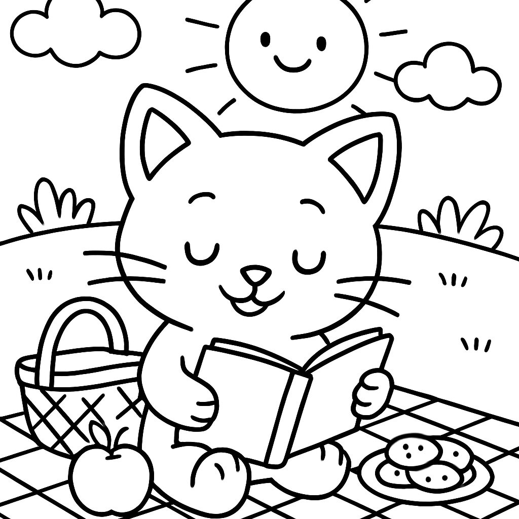 Gatto felice che legge all’aperto con un picnic