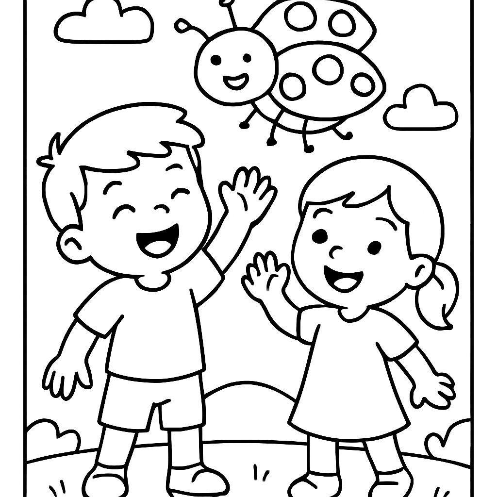 Bambini felici e una coccinella da colorare